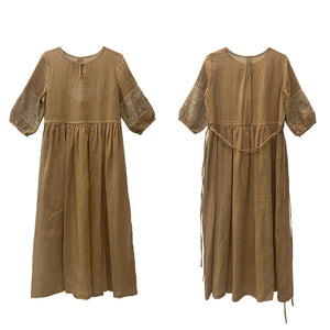 Đầm liền linen ngắn tay cổ tròn một khuy thêu hoa văn - NU8785
