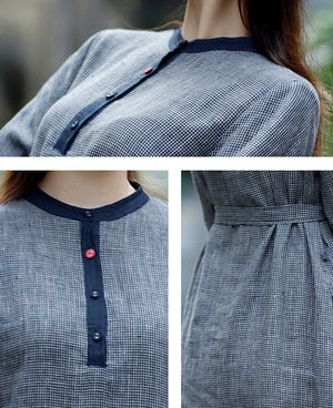Đầm liền linen dài tay cổ tròn khuy cài kẻ caro - NU9506