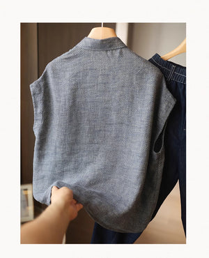 Áo sơ mi linen sát nách cổ đức hai túi kẻ caro - NU8979