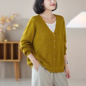 Áo khoác len dệt kim cardigan dài tay cổ V đơn sắc - NU9259