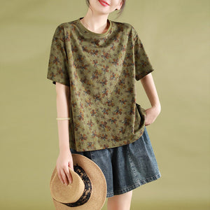Áo T-shirt dệt kim ngắn tay cổ tròn in hoa lá - NU9852