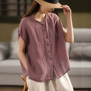 Áo sơ mi linen sát nách cổ tròn xếp ly - A812