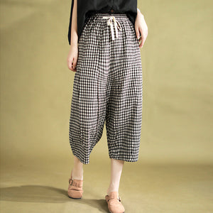 Quần baggy linen lửng lưng thun kẻ caro - NU10125