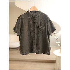 Áo sơ mi linen ngắn tay cổ đứng một túi nhỏ - A039