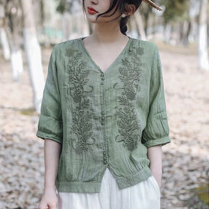 Áo sơ mi linen ngắn tay cổ V thêu mùa hè - NU10043