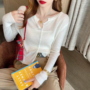 Áo khoác len tăm cardigan dài tay cổ tròn xẻ V - A164