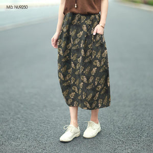 Chân váy linen retro lưng thun in những chiếc lá - NU9250
