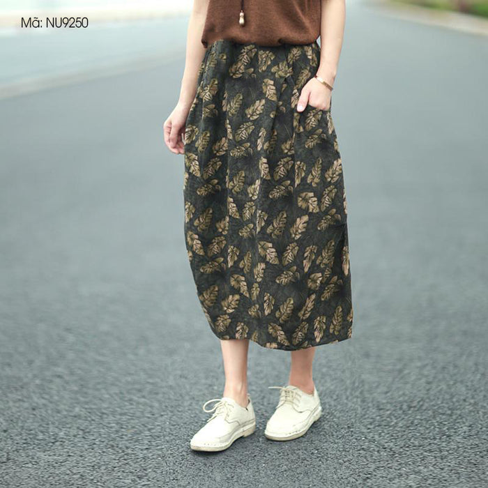 Chân váy linen retro lưng thun in những chiếc lá - NU9250
