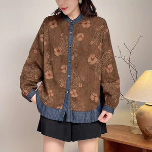 Áo sơ mi dài tay cổ đứng in hoa lá retro phối denim - NU9646