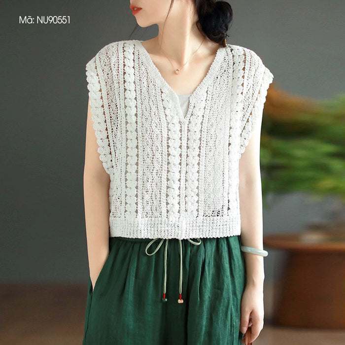 Áo T-shirt dệt kim retro sát nách cổ V - NU9055