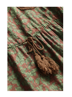 Đầm liền linen ngắn tay cổ tròn một túi ren eo cột dây - D007