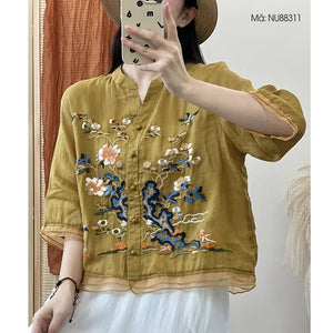 Áo sơ mi linen ngắn tay cổ tròn chữ V thêu hoa lá - NU8831