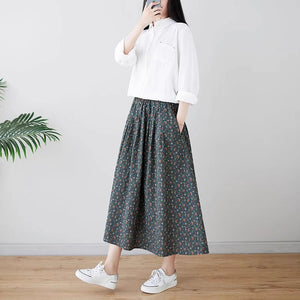 Chân váy chữ A retro lưng thun in hoa liti - NU9345