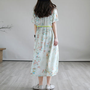 Đầm liền linen ngắn tay cổ tròn eo kiểu thắt dây - D047
