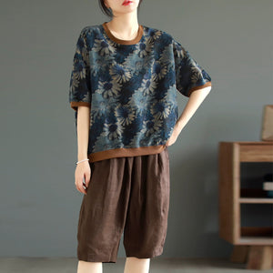 Áo T-shirt linen ngắn tay cổ tròn in hoa lá bo viền - A763