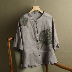 Áo sơ mi linen ngắn tay cổ tàu in hoa lá retro khuy tròn - NU8854