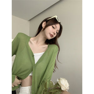 Áo khoác cardigan len dệt kim dài tay cổ V bốn khuy - NU9114