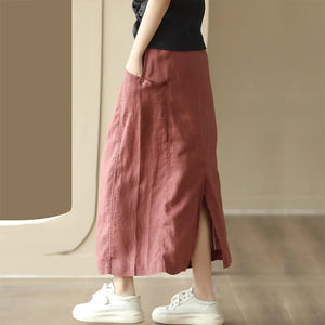 Chân váy linen retro hai túi đính khuy lưng thun - NU9000