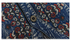 Đầm liền denim tay lửng cổ tròn khuy cài thêu hoa văn đối xứng - NU9368