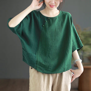 Áo T-shirt linen ngắn tay cổ tròn đính khuy túi kiểu - NU9896