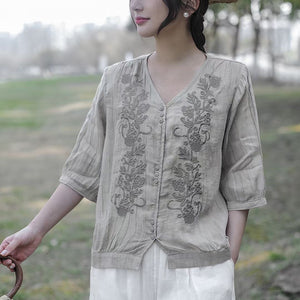 Áo sơ mi linen ngắn tay cổ V thêu mùa hè - NU10043