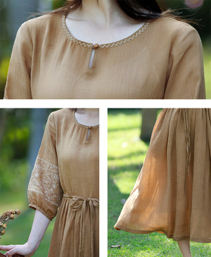 Đầm liền linen ngắn tay cổ tròn một khuy thêu hoa văn - NU8785