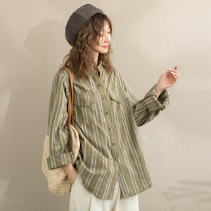 Áo sơ mi linen dài tay cổ đức kẻ sọc hai túi - NU9796