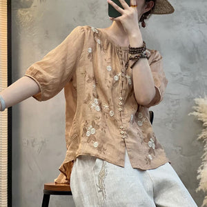 Áo sơ mi linen ngắn cổ tròn xếp ly thêu hoa lá - NU9773
