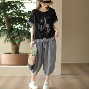 Bộ đồ linen gồm áo T-shirt ngắn tay hoa văn trừu tượng và quần baggy caro - NU8957