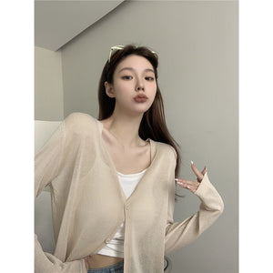 Áo khoác cardigan len dệt kim dài tay cổ V bốn khuy - NU9114