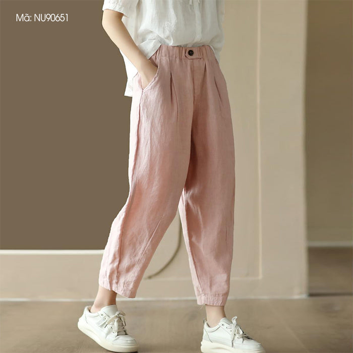 Quần baggy linen lưng thun hai túi chéo khuy cài - NU9065