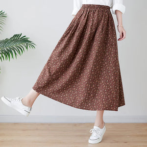 Chân váy linen retro lưng thun túi chéo in hoa liti - V012