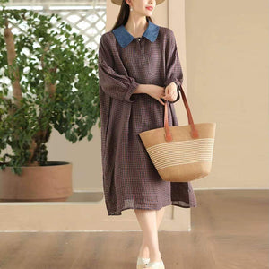 Đầm liền linen ngắn tay cổ cánh sen kẻ caro - NU10189