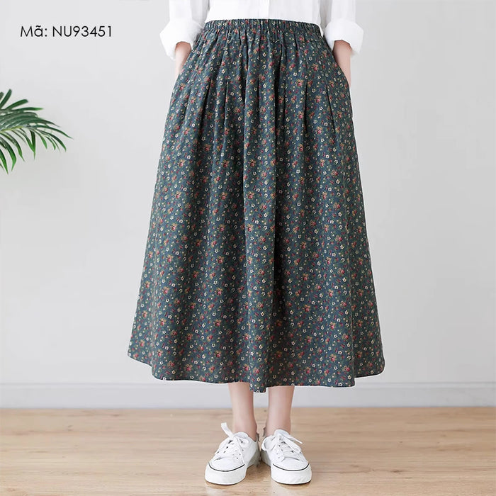 Chân váy chữ A retro lưng thun in hoa liti - NU9345