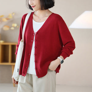 Áo khoác len dệt kim cardigan dài tay cổ V đơn sắc - NU9259