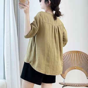 Áo sơ mi linen ngắn tay cổ V thêu hoa văn trừu tượng - NU10181