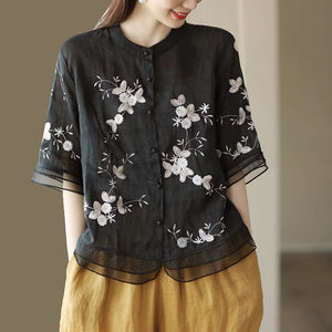 Áo sơ mi organza ngắn tay cổ tròn thêu hoa lá - A010