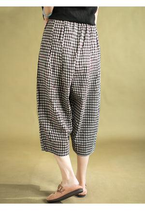 Quần baggy linen lửng lưng thun kẻ caro - NU10125