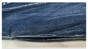 Đầm liền denim tay lửng cổ tròn khuy cài thêu hoa văn đối xứng - NU9368