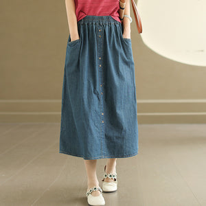 Chân váy denim lưng thun đính khuy đôi túi sau - NU10270