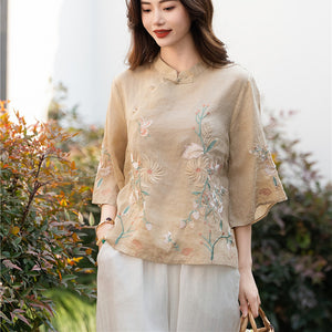 Áo sơ mi linen ngắn tay khuy tròn cài lệch thêu hoa lá - NU10055
