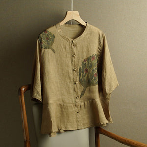 Áo sơ mi linen ngắn tay cổ tàu in hoa lá retro khuy tròn - NU8854