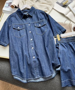 Bộ đồ denim gồm quần sooc và áo sơ mi ngắn tay cổ đức - NU8682