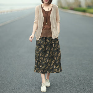 Chân váy linen retro lưng thun in những chiếc lá - NU9250