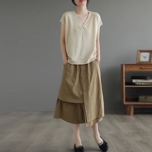 Chân váy linen lưng cao khuy cài kiểu xếp tầng - NU8951