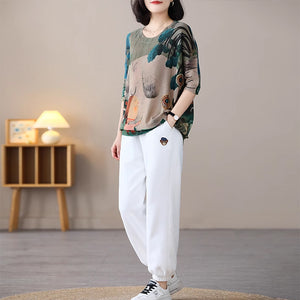 Áo T-shirt dệt kim ngắn tay cổ tròn in cô gái và chú cún - NU8910