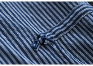 Đầm liền linen ngắn tay cổ V kẻ sọc eo kiểu thắt dây - D045
