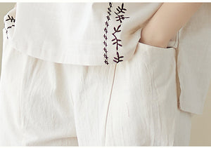 Áo T-shirt linen ngắn tay cổ tròn thêu đối xứng - NU9093