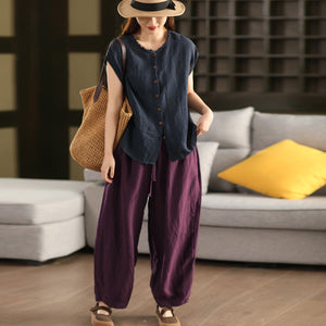 Áo sơ mi linen sát nách cổ tròn xếp ly - A812