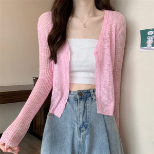 Áo khoác cardigan len dệt kim dài tay cổ V vạt lượn sóng - NU9120